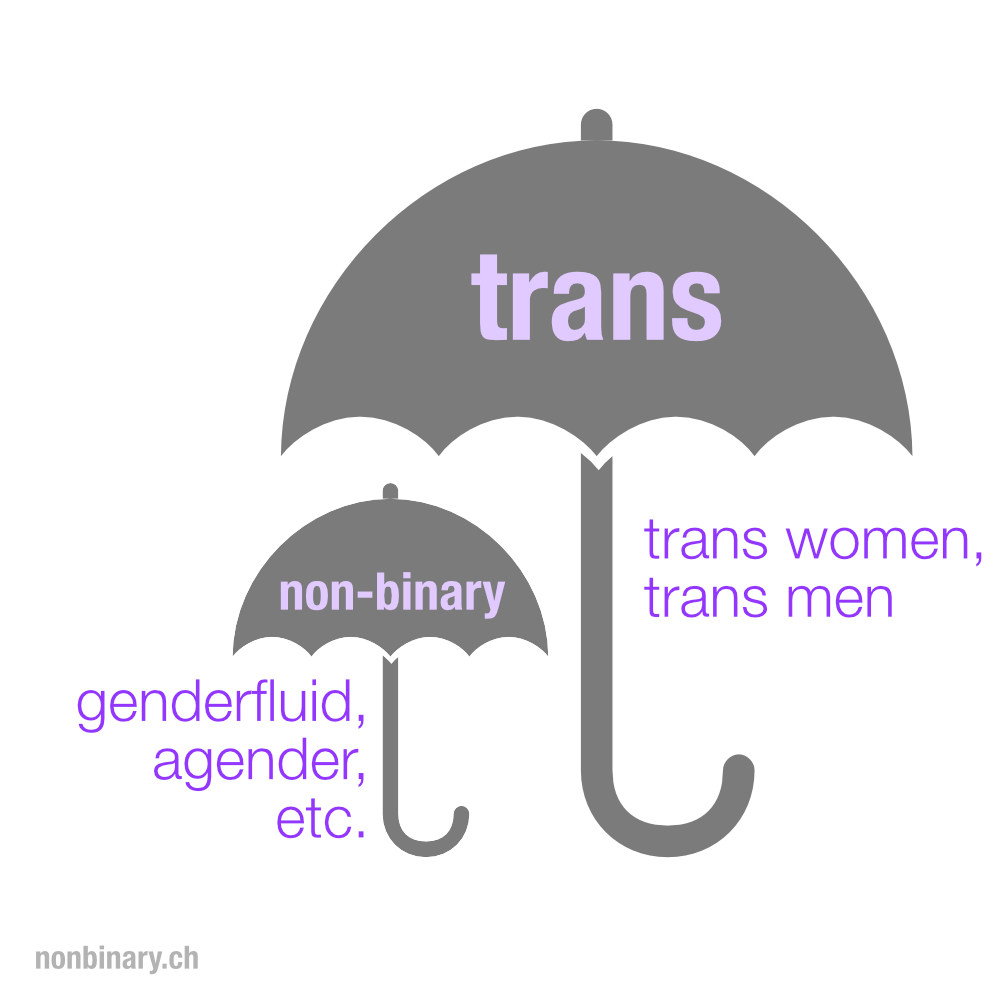 Umbrella: trans {trans women, trans men, non-binary {genderfluid, agender, etc.} }